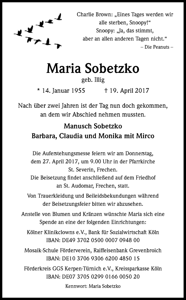  Traueranzeige für Maria Sobetzko vom 22.04.2017 aus Kölner Stadt-Anzeiger / Kölnische Rundschau / Express