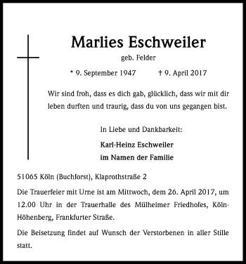 Anzeige von Marlies Eschweiler von Kölner Stadt-Anzeiger / Kölnische Rundschau / Express
