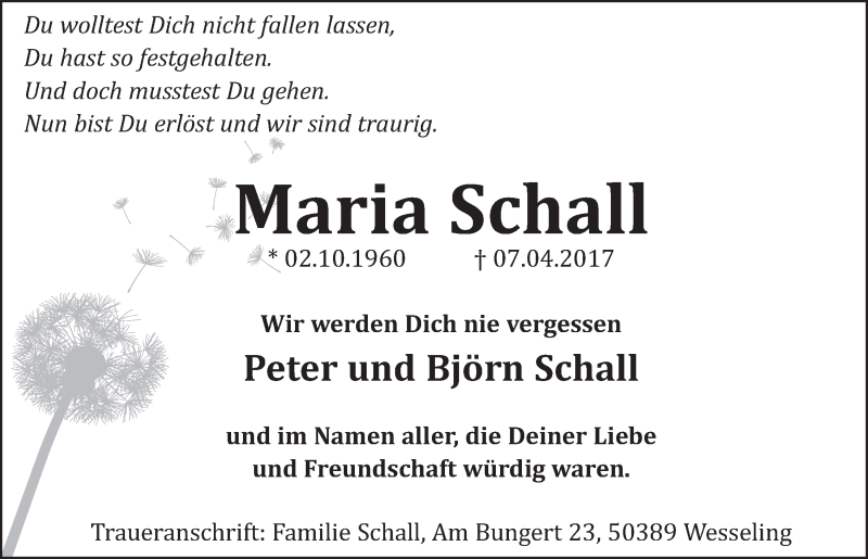  Traueranzeige für Maria Schall vom 19.04.2017 aus  Schlossbote/Werbekurier 