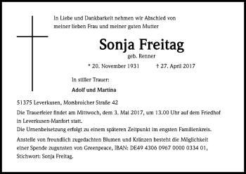 Anzeige von Sonja Freitag von Kölner Stadt-Anzeiger / Kölnische Rundschau / Express