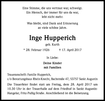 Anzeige von Inge Hupperich von Kölner Stadt-Anzeiger / Kölnische Rundschau / Express