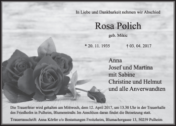 Anzeige von Rosa Polich von  Sonntags-Post 