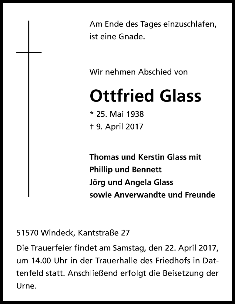  Traueranzeige für Ottfried Glass vom 19.04.2017 aus Kölner Stadt-Anzeiger / Kölnische Rundschau / Express