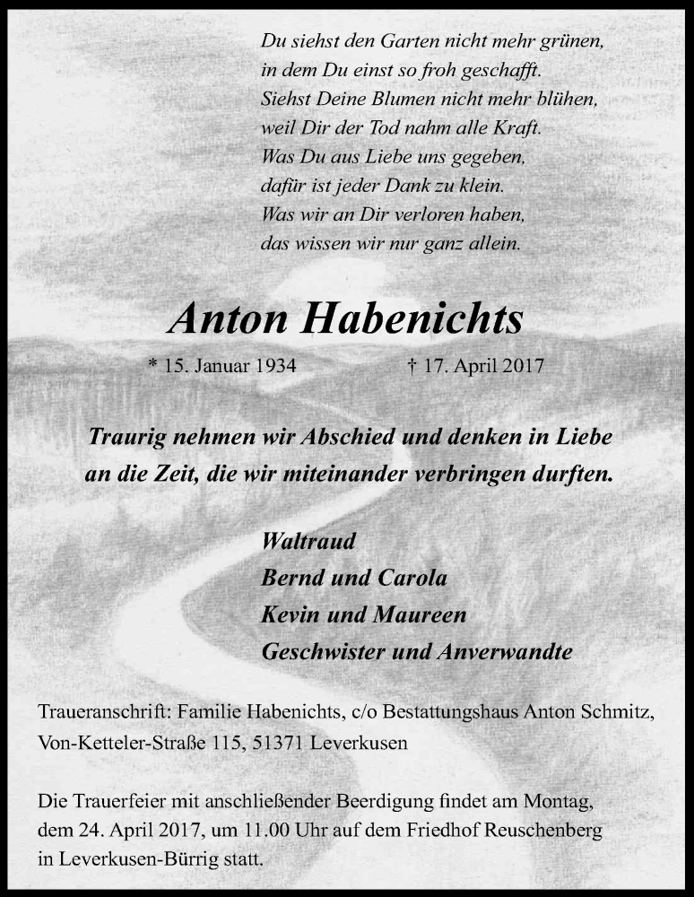  Traueranzeige für Anton Habenichts vom 21.04.2017 aus Kölner Stadt-Anzeiger / Kölnische Rundschau / Express