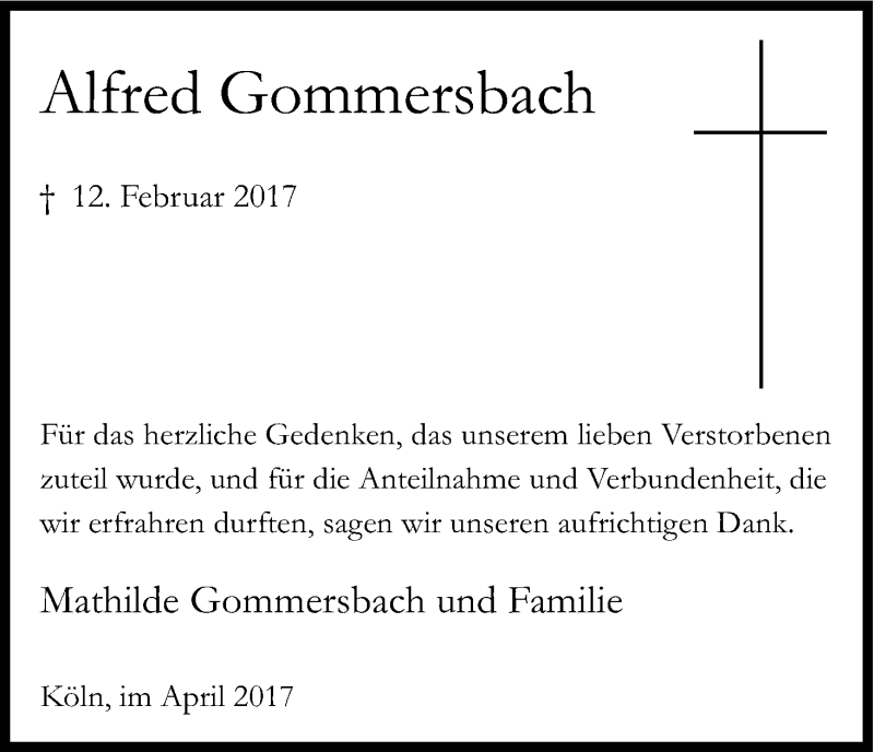  Traueranzeige für Alfred Gommersbach vom 29.04.2017 aus Kölner Stadt-Anzeiger / Kölnische Rundschau / Express