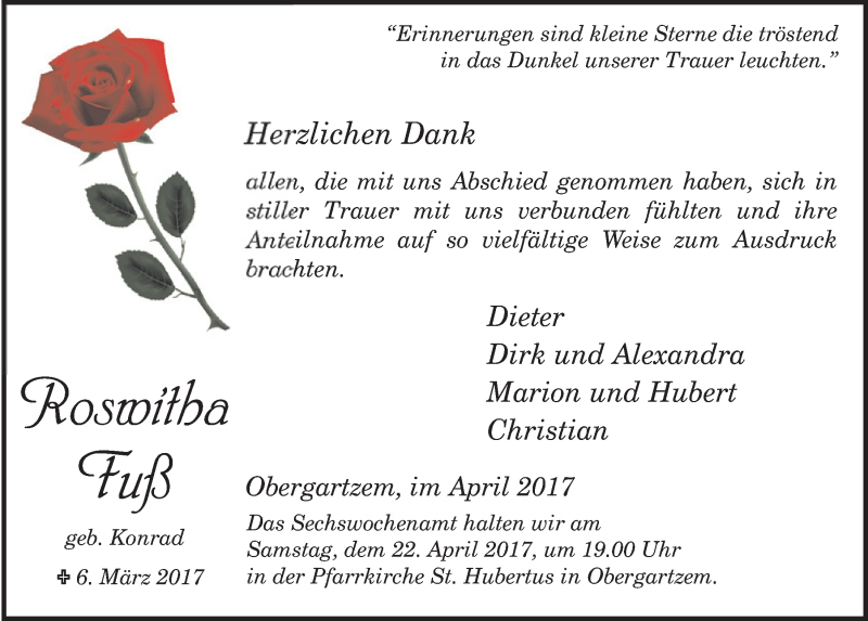  Traueranzeige für Roswitha Fuß vom 15.04.2017 aus  Blickpunkt Euskirchen 