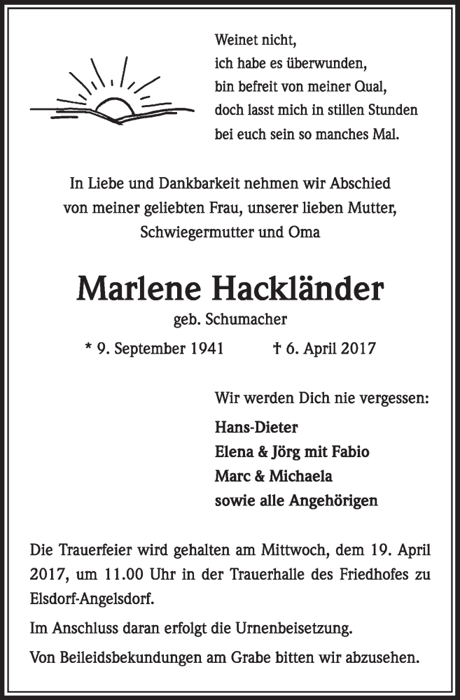  Traueranzeige für Marlene Hackländer vom 15.04.2017 aus  Sonntags-Post 