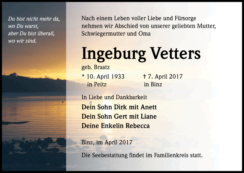  Traueranzeige für Ingeburg Vetters vom 15.04.2017 aus Kölner Stadt-Anzeiger / Kölnische Rundschau / Express