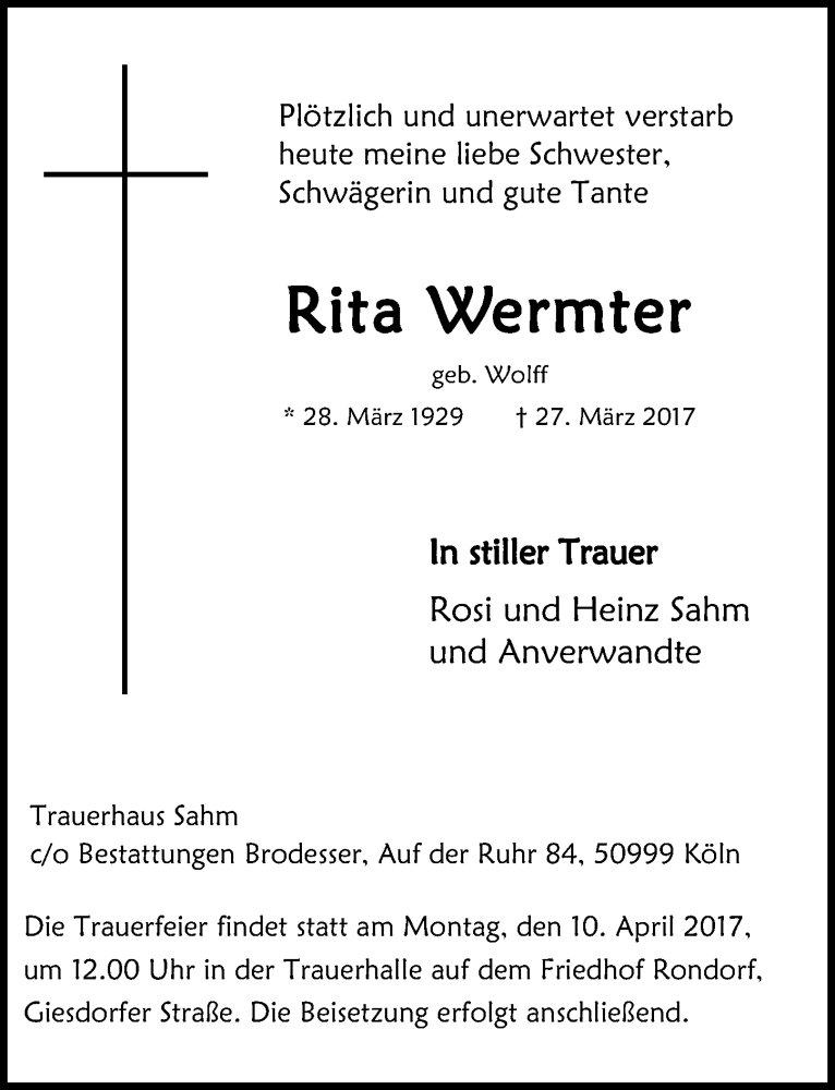  Traueranzeige für Rita Wermter vom 05.04.2017 aus  Kölner Wochenspiegel 