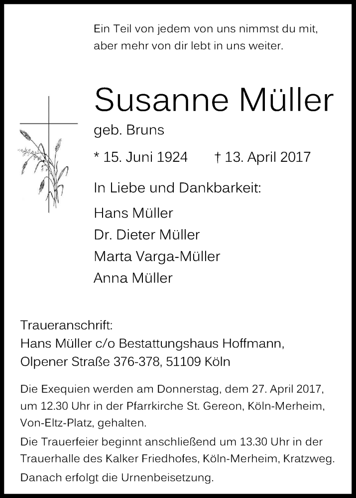  Traueranzeige für Susanne Müller vom 22.04.2017 aus Kölner Stadt-Anzeiger / Kölnische Rundschau / Express
