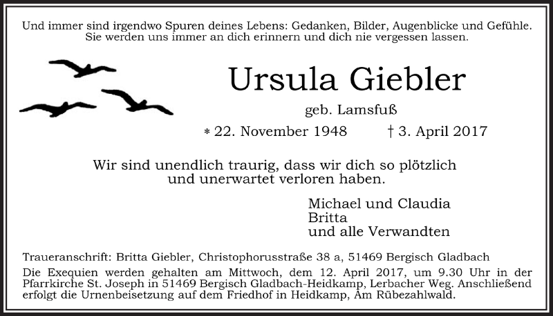  Traueranzeige für Ursula Giebler vom 08.04.2017 aus  Bergisches Sonntagsblatt 