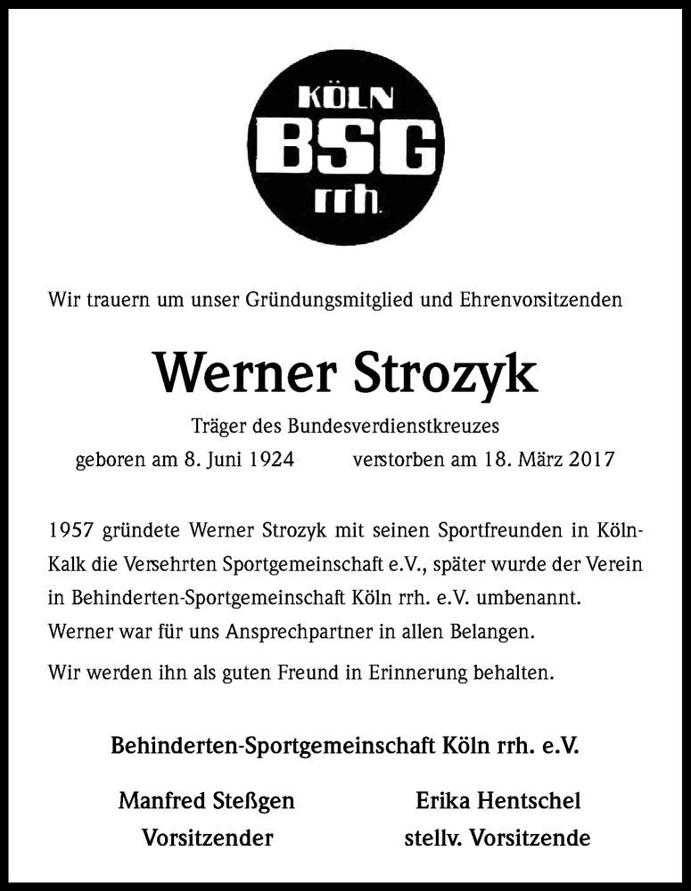  Traueranzeige für Werner Strozyk vom 08.04.2017 aus Kölner Stadt-Anzeiger / Kölnische Rundschau / Express