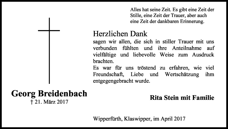  Traueranzeige für Georg Breidenbach vom 22.04.2017 aus Kölner Stadt-Anzeiger / Kölnische Rundschau / Express