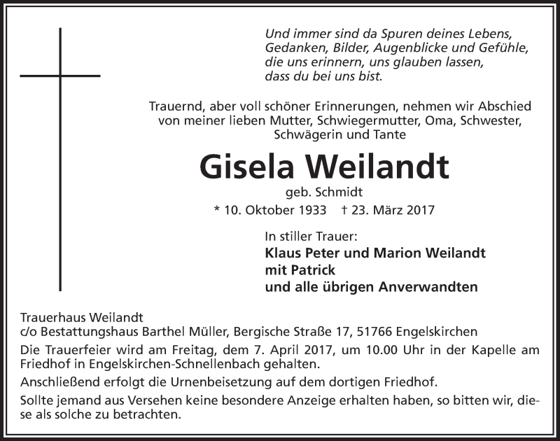  Traueranzeige für Gisela Weilandt vom 05.04.2017 aus  Anzeigen Echo 