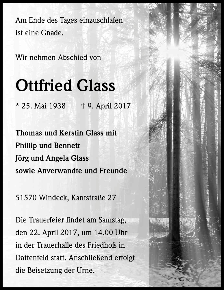  Traueranzeige für Ottfried Glass vom 21.04.2017 aus Kölner Stadt-Anzeiger / Kölnische Rundschau / Express