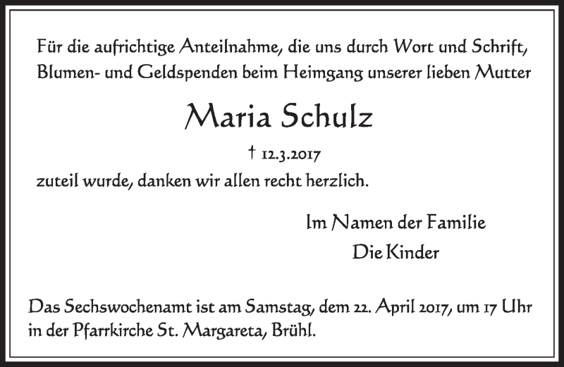  Traueranzeige für Maria Schulz vom 05.04.2017 aus  Schlossbote/Werbekurier 