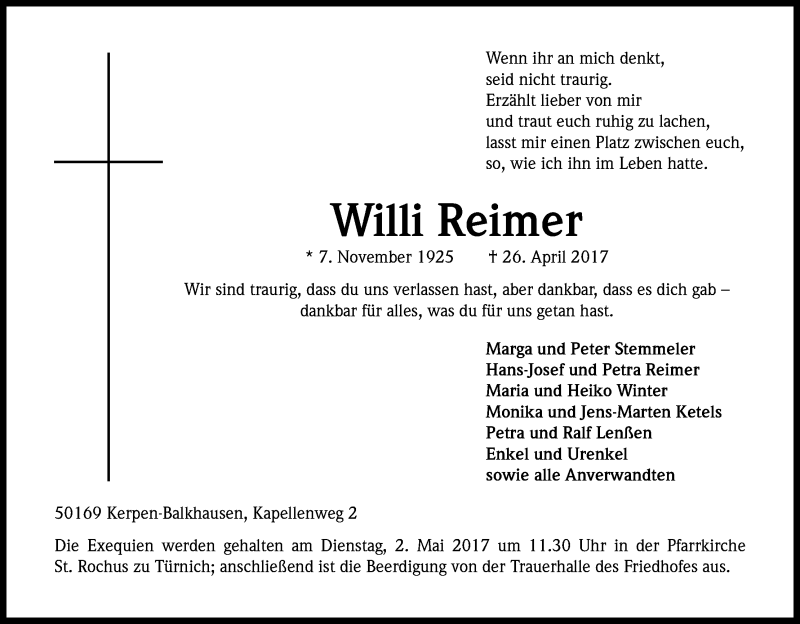  Traueranzeige für Willi Reimer vom 29.04.2017 aus Kölner Stadt-Anzeiger / Kölnische Rundschau / Express