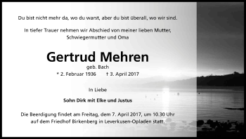 Anzeige von Gertrud Mehren von Kölner Stadt-Anzeiger / Kölnische Rundschau / Express