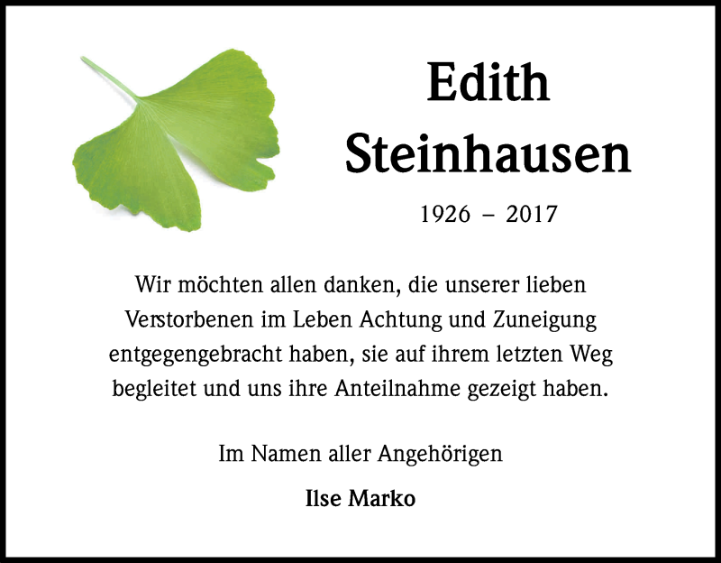  Traueranzeige für Edith Steinhausen vom 08.04.2017 aus Kölner Stadt-Anzeiger / Kölnische Rundschau / Express