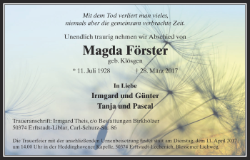 Anzeige von Magda Förster von  Sonntags-Post 