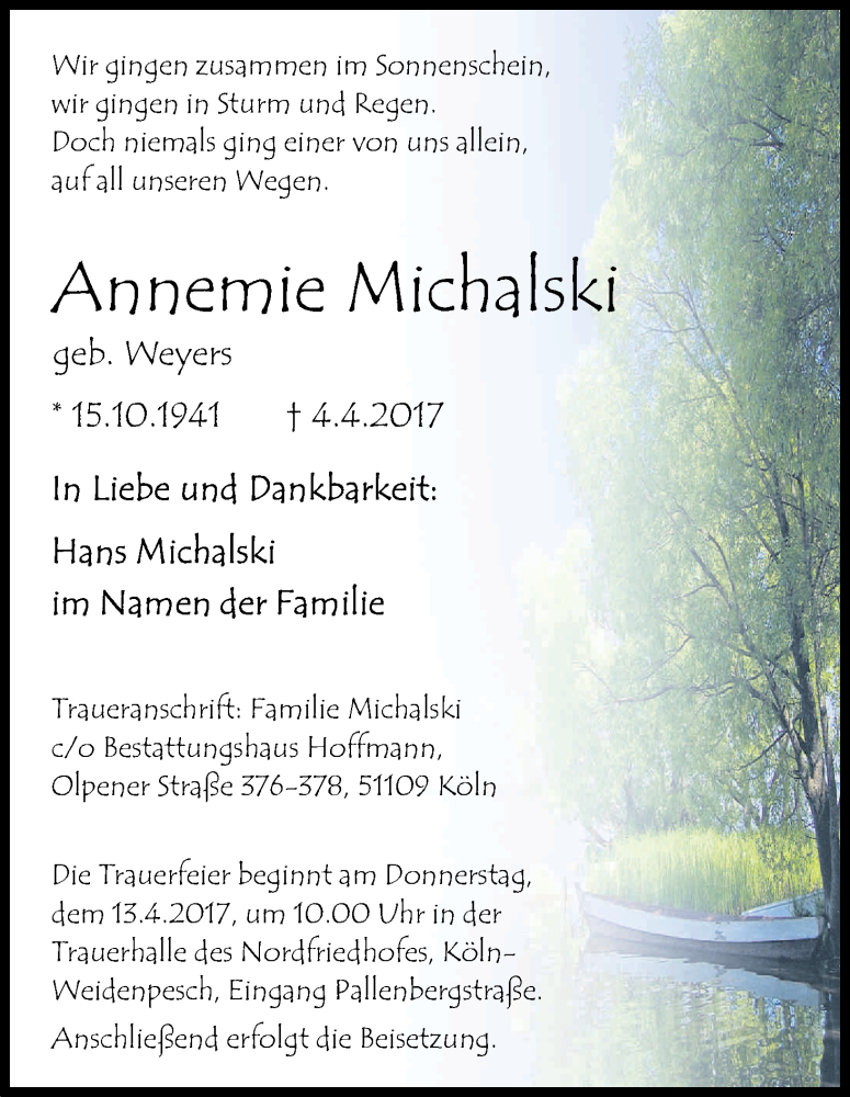  Traueranzeige für Annemie Michalski vom 08.04.2017 aus Kölner Stadt-Anzeiger / Kölnische Rundschau / Express