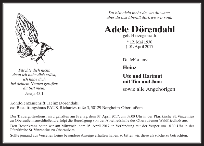  Traueranzeige für Adele Dörendahl vom 05.04.2017 aus  Werbepost 