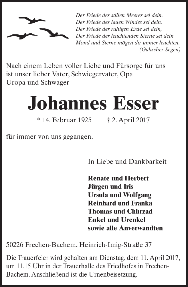  Traueranzeige für Johannes Esser vom 08.04.2017 aus  Sonntags-Post 