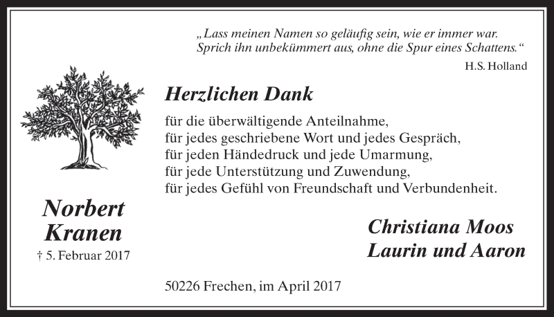  Traueranzeige für Norbert Kranen vom 12.04.2017 aus  Wochenende 