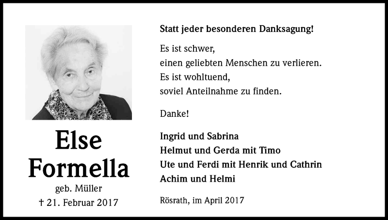  Traueranzeige für Else Formella vom 29.04.2017 aus Kölner Stadt-Anzeiger / Kölnische Rundschau / Express
