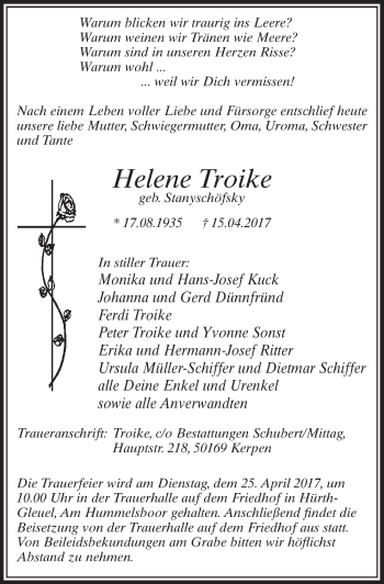 Anzeige von Helene Troike von  Sonntags-Post 