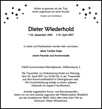 Anzeige von Dieter Wiederhold von Kölner Stadt-Anzeiger / Kölnische Rundschau / Express