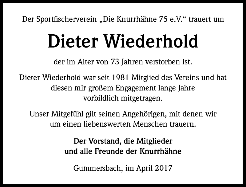  Traueranzeige für Dieter Wiederhold vom 22.04.2017 aus Kölner Stadt-Anzeiger / Kölnische Rundschau / Express