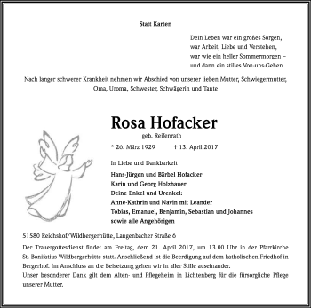 Anzeige von Rosa Hofacker von Kölner Stadt-Anzeiger / Kölnische Rundschau / Express
