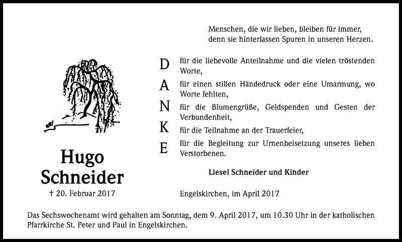  Traueranzeige für Hugo Schneider vom 01.04.2017 aus Kölner Stadt-Anzeiger / Kölnische Rundschau / Express