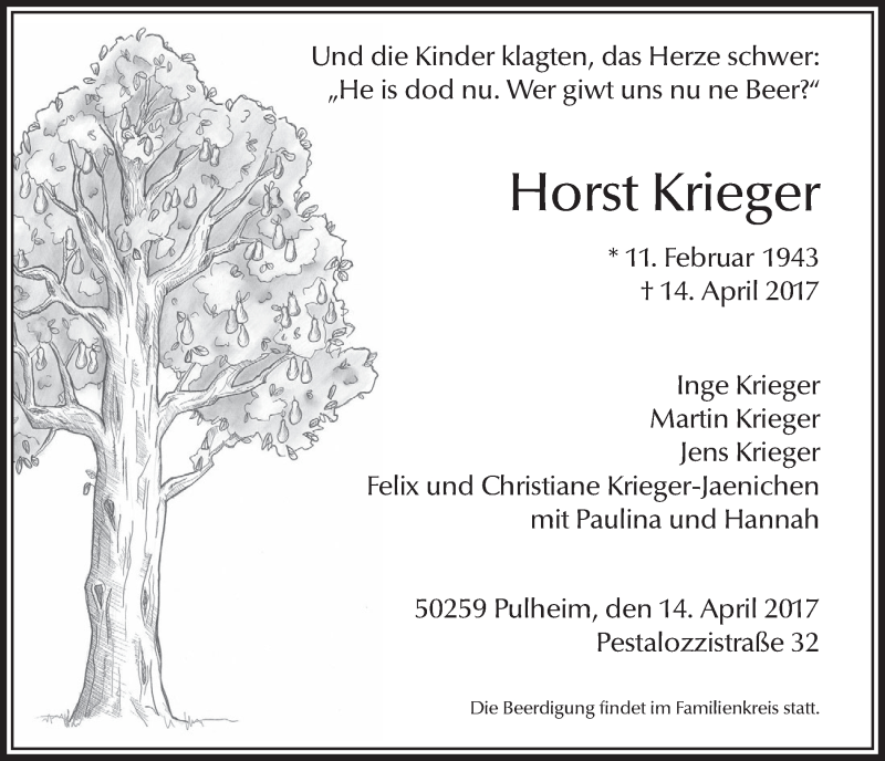  Traueranzeige für Horst Krieger vom 22.04.2017 aus  Sonntags-Post 