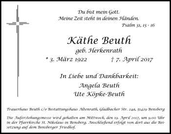 Anzeige von Käthe Beuth von Kölner Stadt-Anzeiger / Kölnische Rundschau / Express