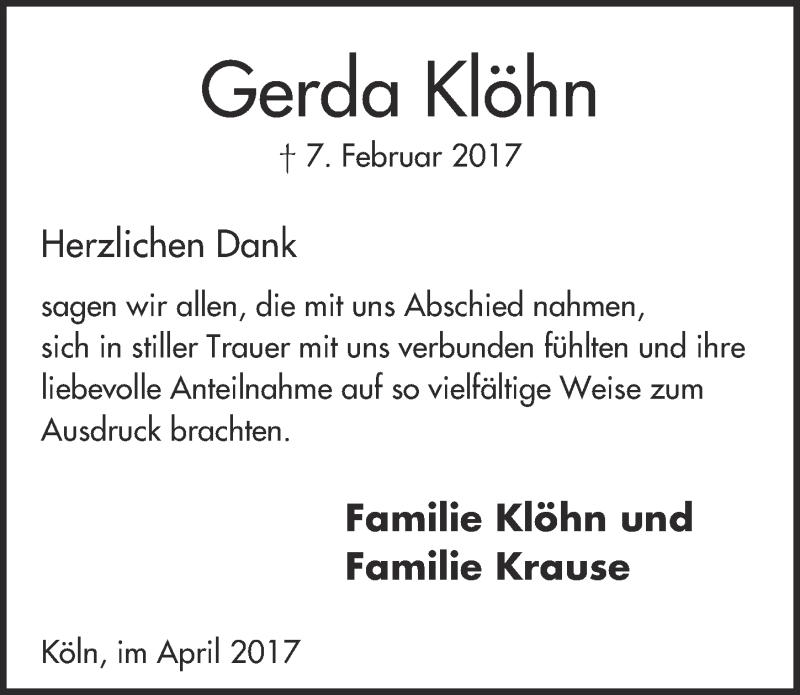  Traueranzeige für Gerda Klöhn vom 05.04.2017 aus  Kölner Wochenspiegel 