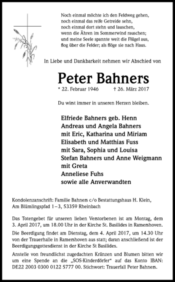 Anzeige von Peter Bahners von Kölner Stadt-Anzeiger / Kölnische Rundschau / Express