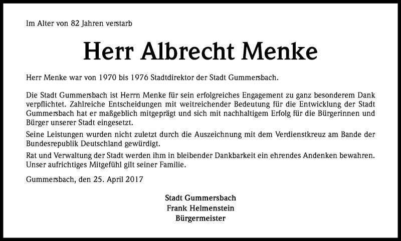  Traueranzeige für Albrecht Menke vom 27.04.2017 aus Kölner Stadt-Anzeiger / Kölnische Rundschau / Express