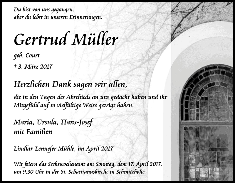  Traueranzeige für Gertrud Müller vom 08.04.2017 aus Kölner Stadt-Anzeiger / Kölnische Rundschau / Express