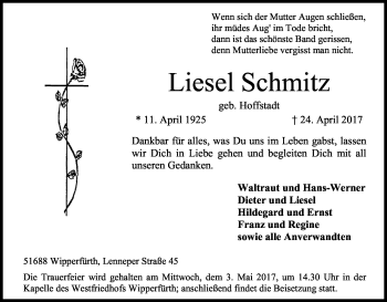 Anzeige von Liesel Schmitz von Kölner Stadt-Anzeiger / Kölnische Rundschau / Express