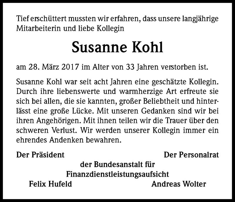  Traueranzeige für Susanne Kohl vom 08.04.2017 aus Kölner Stadt-Anzeiger / Kölnische Rundschau / Express