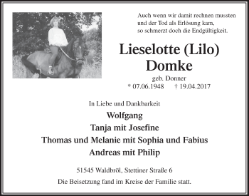 Anzeige von Lieselotte Domke von  Lokalanzeiger 