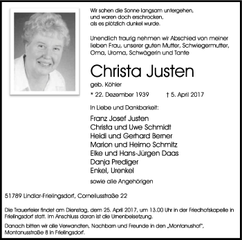 Anzeige von Christa Justen von Kölner Stadt-Anzeiger / Kölnische Rundschau / Express