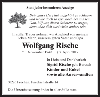 Anzeige von Wolfgang Rische von  Wochenende 