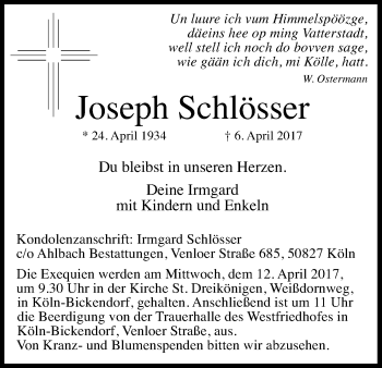Anzeige von Joseph Schlösser von Kölner Stadt-Anzeiger / Kölnische Rundschau / Express
