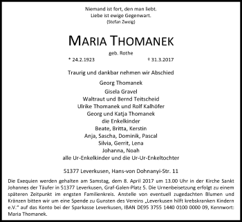 Anzeige von Maria Thomanek von Kölner Stadt-Anzeiger / Kölnische Rundschau / Express
