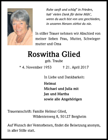 Anzeige von Roswitha Glied von Kölner Stadt-Anzeiger / Kölnische Rundschau / Express