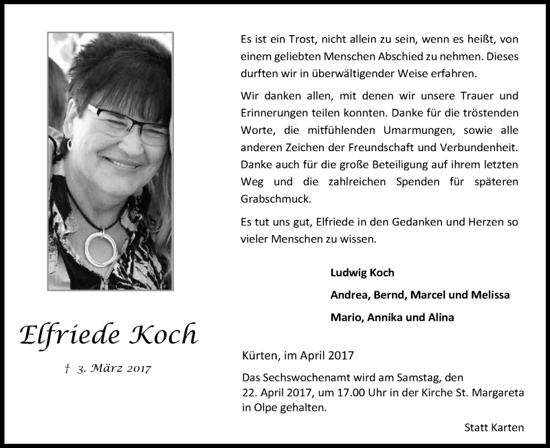  Traueranzeige für Elfriede Koch vom 15.04.2017 aus Kölner Stadt-Anzeiger / Kölnische Rundschau / Express