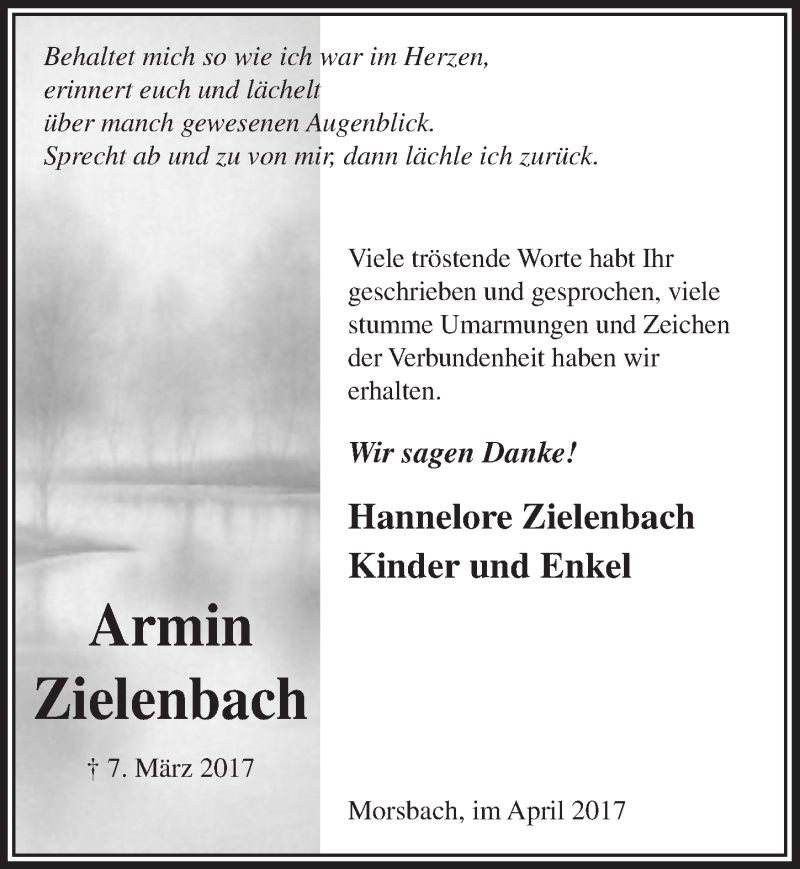  Traueranzeige für Armin Zielenbach vom 12.04.2017 aus  Lokalanzeiger 
